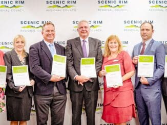 Scenic Rim's Councillors for the 2024-2028 Council term (from left) Amanda Hay, Kerri Cryer, Stephen Moriarty, Mayor Tom Sharp, Jennifer Sanders, Marshall Chalk and Duncan McInnes following the signing of their Declarations of Office.