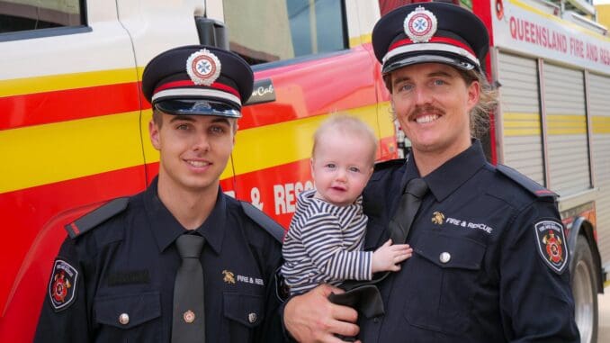 New firefighters Thomas Wensor and Darcy McCallum with baby Sully McCallum, 6 months