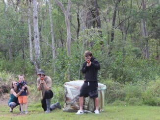 Blake Cook with his mum Jessica, Ryan Keena and Trent Jellick enjoying laser tag