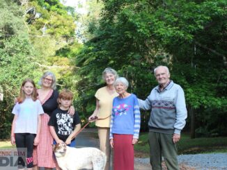 Indie Cunado, Judi Kahler, Archie Kahler, Helen Griffin with dog Remus, Nolene and Bill Wilson