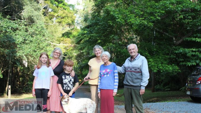 Indie Cunado, Judi Kahler, Archie Kahler, Helen Griffin with dog Remus, Nolene and Bill Wilson