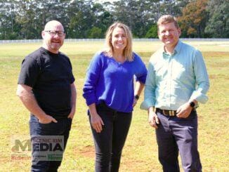 TMSA President Mick Angus, Little Athletics Centre Manager Hope Kerslake with Member for Scenic Rim Jon Krause