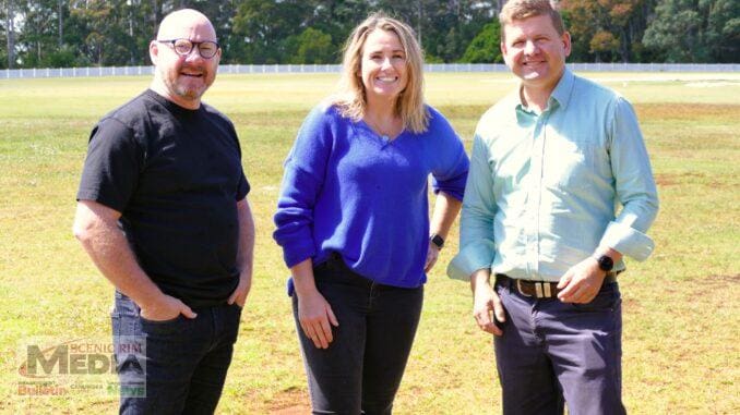 TMSA President Mick Angus, Little Athletics Centre Manager Hope Kerslake with Member for Scenic Rim Jon Krause